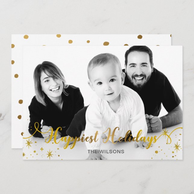 Mod Script Handwritten Gold Photo Holiday Card (Front/Back)