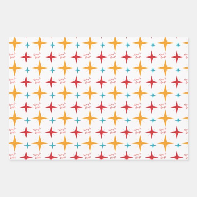 Mod Stars Christmas, Retro Mid-Century Modern Wrapping Paper Sheet (Front)