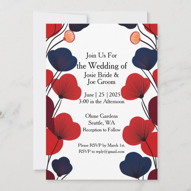 Mod style black red poppies wedding invitation (Front)