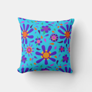 Mod Style Purple Flowers on Aqua Blue Cushion