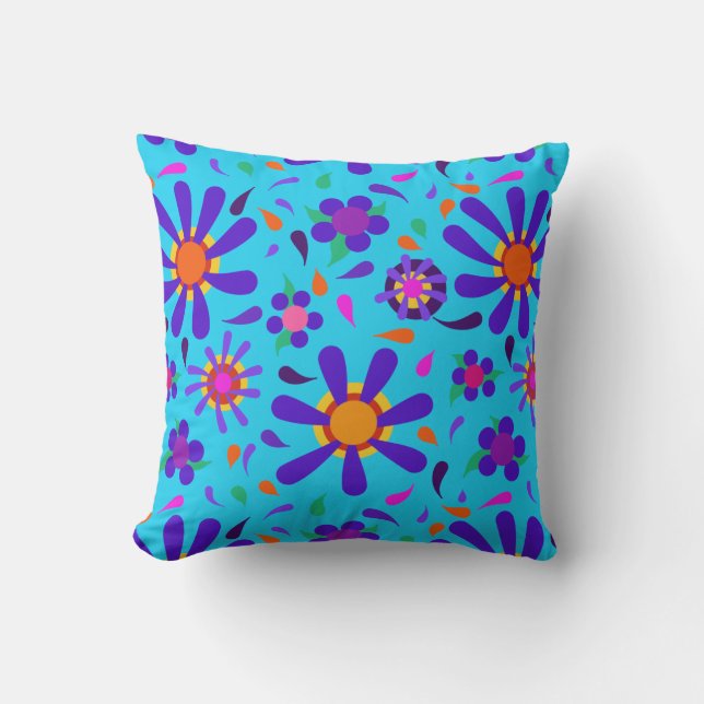 Mod Style Purple Flowers on Aqua Blue Cushion (Front)