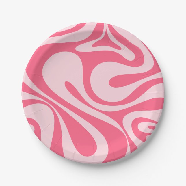 Mod Swirl Retro Modern Abstract Pattern Pink Paper Plate (Front)