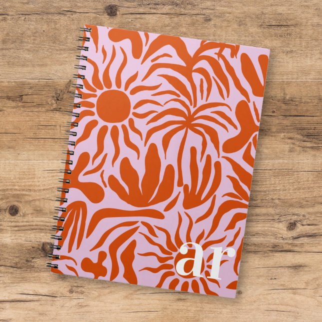 Mod Tropical Boho Pink + Orange Pattern  Monogram Notebook (Creator Uploaded)