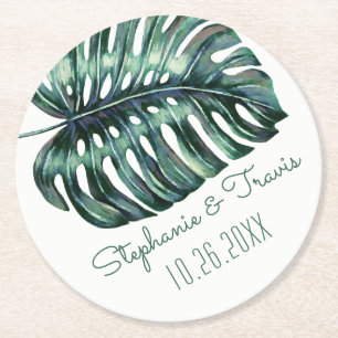 Mod Tropical Palm Leaf Monstera Greenery Round Paper Coaster