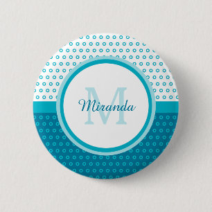 Mod Turquoise Blue Polka Dots Monogram With Name 6 Cm Round Badge