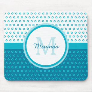Mod Turquoise Blue Polka Dots Monogram With Name Mouse Pad