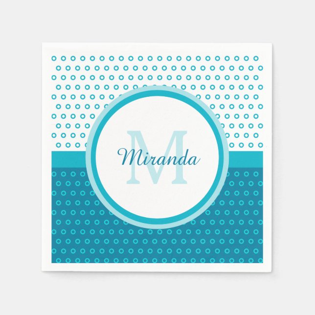 Mod Turquoise Blue Polka Dots Monogram With Name Napkin (Front)