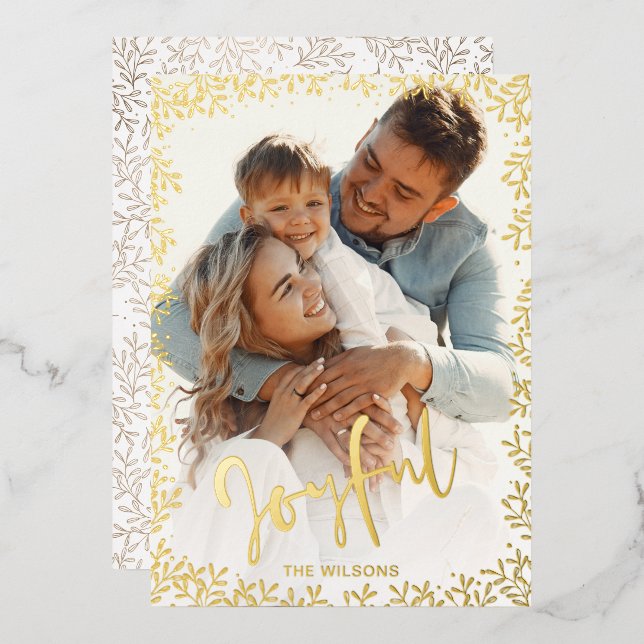 Mod Typography Simple Joyful Photo  Foil Holiday Card (Front/Back)