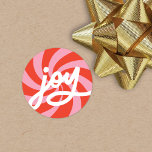 Mod Wavy Groovy Christmas Pink Red Joy Script Classic Round Sticker<br><div class="desc">This fun and festive holiday sticker features a red and pink wavy retro background and modern script. This label coordinates with our Mod Wavy Groovy holiday photo cards. The colours are customisable by using the editor tool.</div>