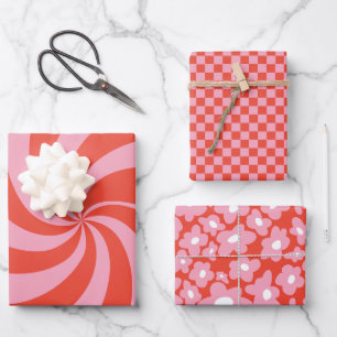 Mod Wavy Groovy Hippie Retro Christmas Pink Red Wrapping Paper Sheet