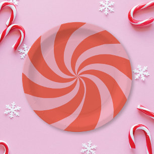 Mod Wavy Retro Christmas Candy Pink Red Holiday Paper Plate