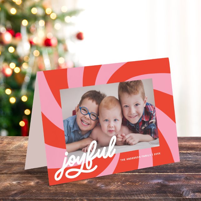 Mod Wavy Retro Christmas Red Pink Photo Holiday Card (Creator Uploaded)