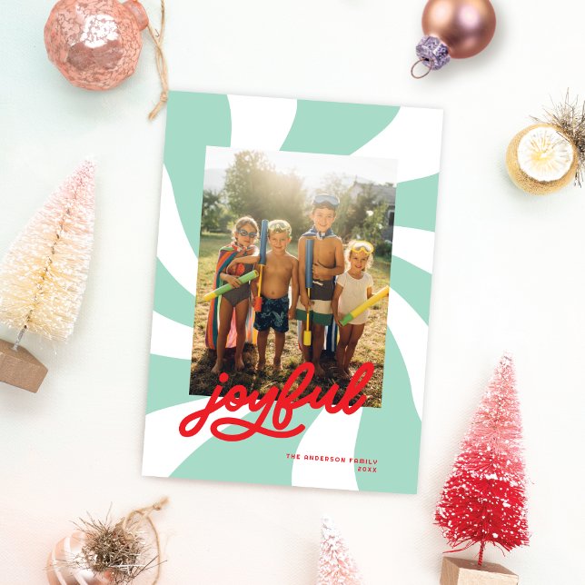 Mod Wavy Retro Groovy Colourful Photo Mint + Red Holiday Card (Creator Uploaded)