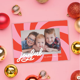 Mod Wavy Retro Pink Red Christmas Photo Holiday Card
