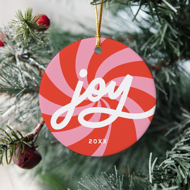 Mod Wavy Retro Pink Red Christmas Photo Holiday Ceramic Ornament (Creator Uploaded)