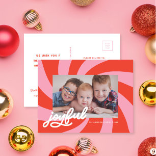 Mod Wavy Retro Pink Red Christmas Photo Holiday Postcard