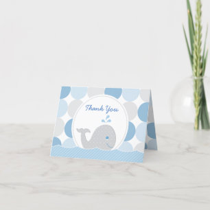 Mod Whale Baby Boy Shower Blue & Grey Dots Thank Y You Card