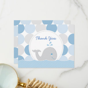 Mod Whale Baby Boy Shower Blue & Grey Dots Thank You Card