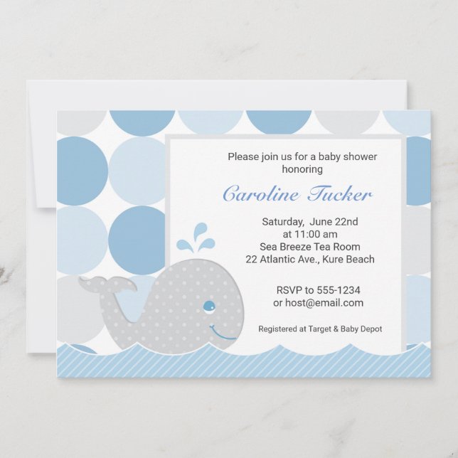Mod Whale Baby Shower Invitation - Blue & Grey (Front)