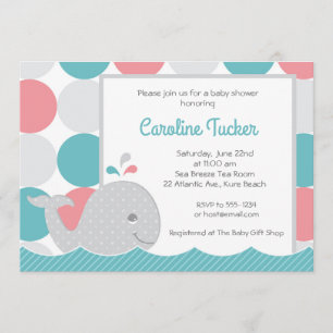 Mod Whale Coral & Teal Baby Shower Invitation