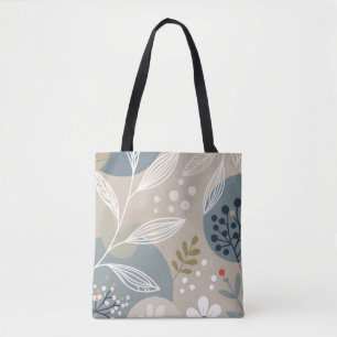 Mod White Floral on Beige and Green Tote Bag