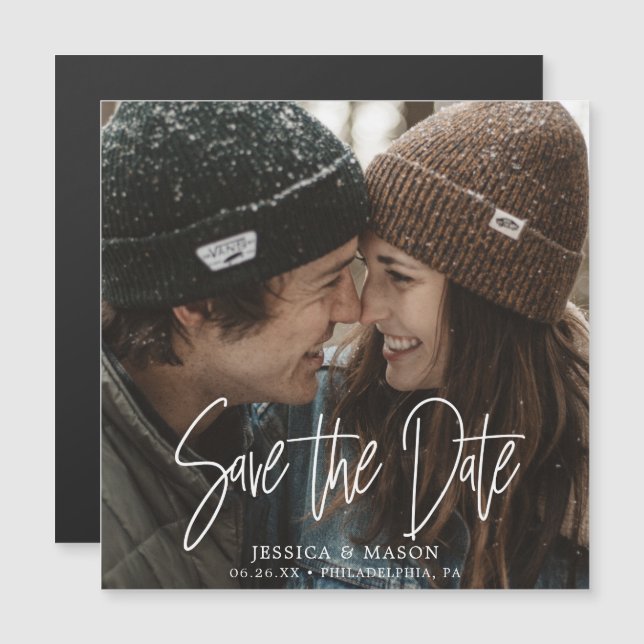 Mod White Wedding Save The Date Magnets with Photo (Front/Back)