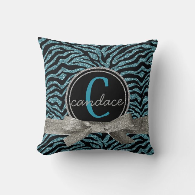 Mod Wild Zebra Black and Blue Monogram Cushion (Front)