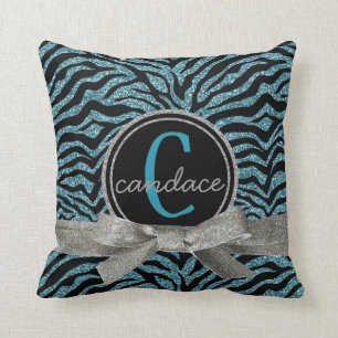 Mod Wild Zebra Black and Blue Monogram Cushion