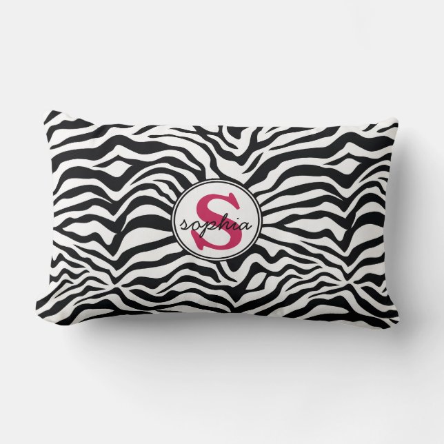 Mod Zebra Print with Girly Pink Monogram Lumbar Cushion (Front)