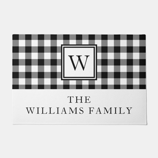 Moddern Black And White Plaid Family Name Doormat (Front)