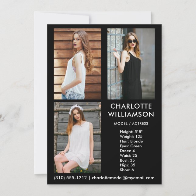 Model Actor 3 Photo Comp Card 5x7 Black (Front)