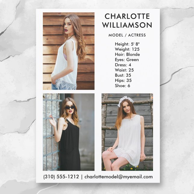 Model Actor 3 Photo Comp Card 5x7 Wht (Available in high quality print or digital download for quick messaging, email or self printing.)