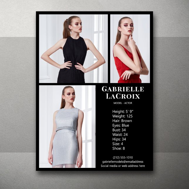 Model Actor 3 Photo Pro Comp Card Template Black (Available in print or instant digital download for quick messaging, email or self printing.)