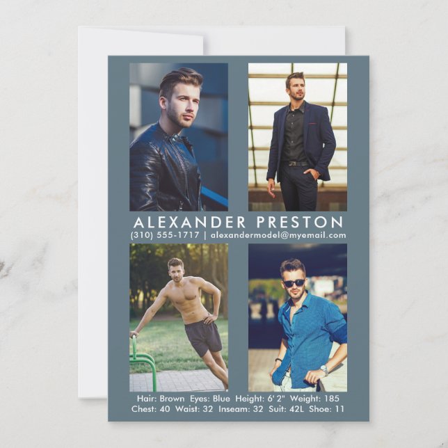 Model Actor 4 Photo Comp Card 5x7 Grey Blue (Front)