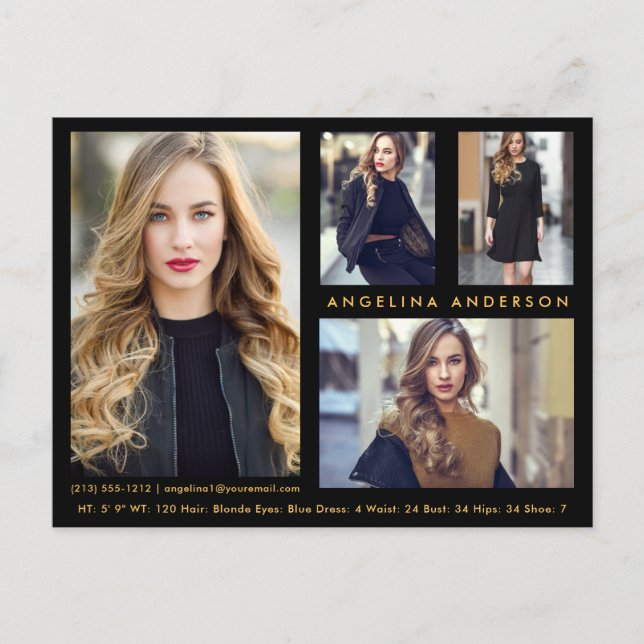 Model Actor 4 Photo Comp Card Black Gold Postcard (Front)