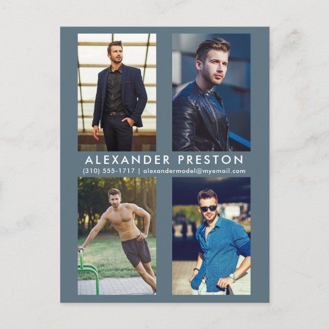 Model Actor 4 Photo Comp Card Grey Blue Postcard (Front)