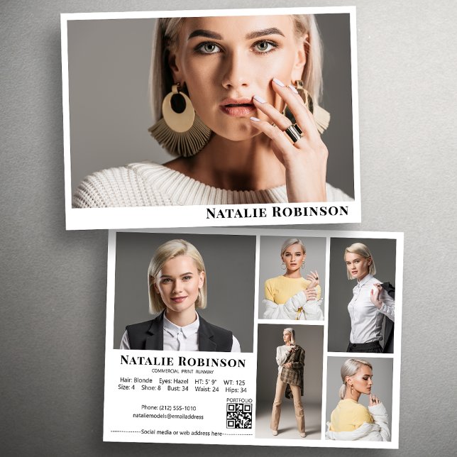 Model Actor 6 Photo Comp Card Template With QR (Available in high quality print or digital download for quick messaging, email or self printing.)