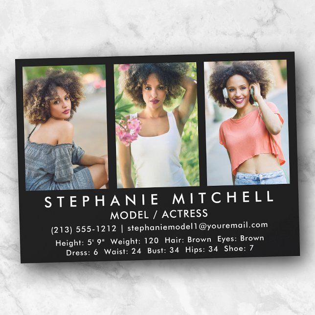 Model Actor Comp Card - 3 Photo Blk (Customize to change background color, text size or text style.)