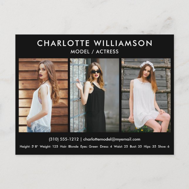 Model Actor Comp Card 3 Photo Postcard Black (Front)