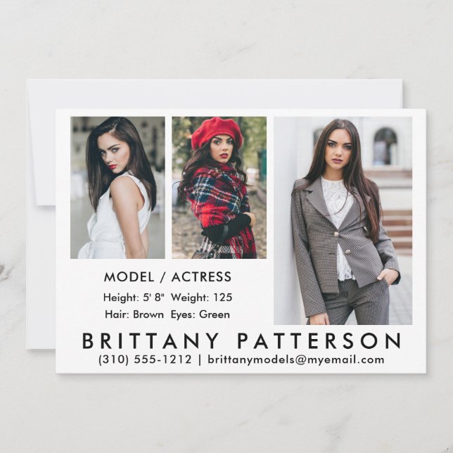 Model Actor Comp Card 3 Photo White 5x7 (Front)