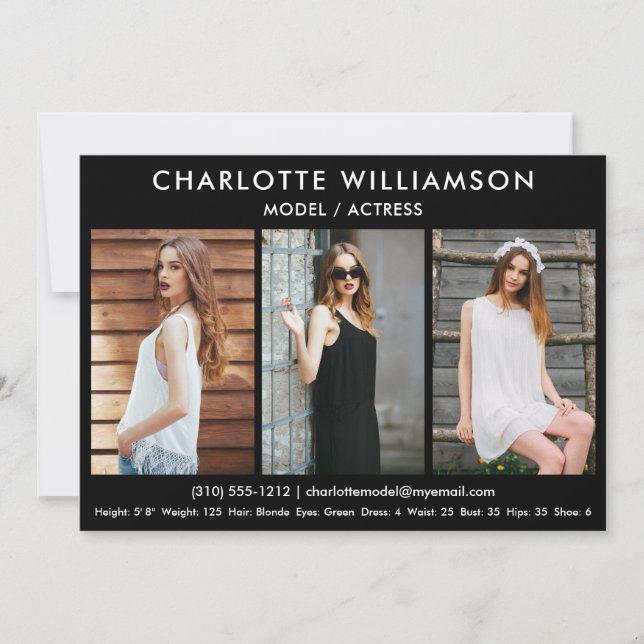 Model Actor Comp Card 5x7 Black 3 Photo (Front)