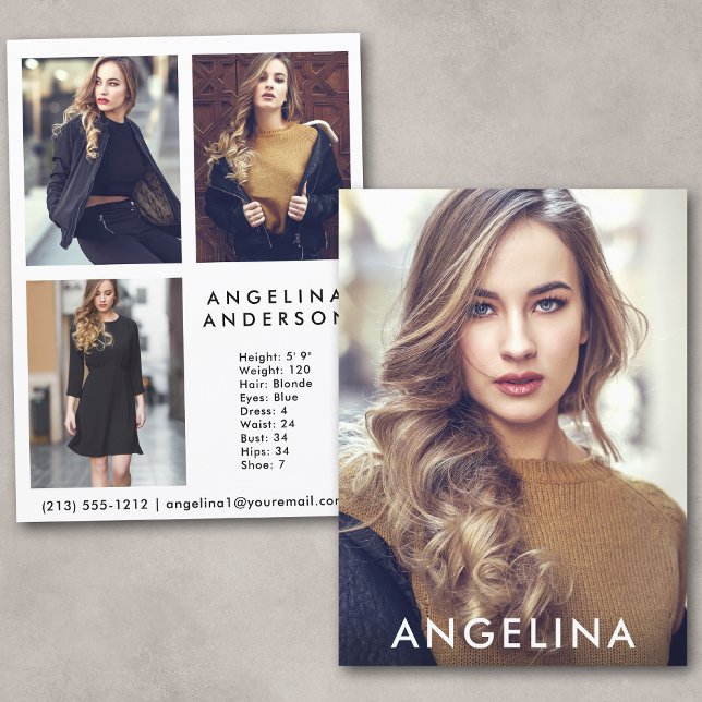 Model Actor Comp Card Blk - 3 Photo Back WB (Customize to change background color, text size or text style.)