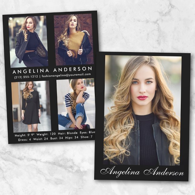 Model Actor Comp Card Blk - 4 Photo Back - Script (Customize to change background color, text size or text style.)