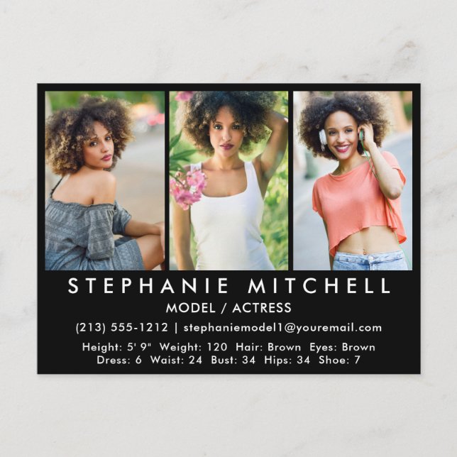 Model Actor Comp Card Blk Postcard - 3 Photos (Front)