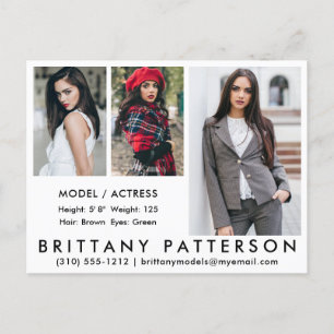 Model Actor Comp Card Postcard 3 Photo White