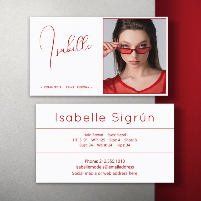 Model Actor Photo Promotional Red And White Business Card (Creator Uploaded)