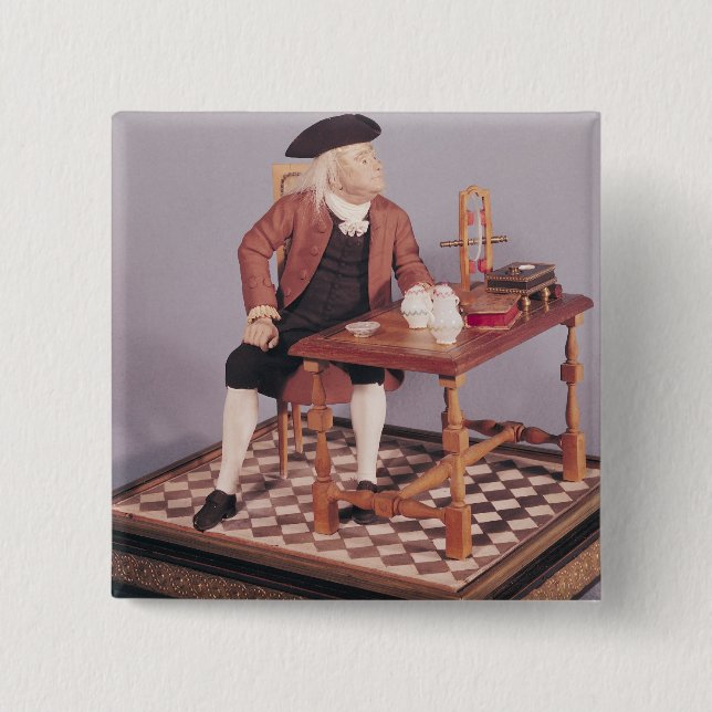 Model of Benjamin Franklin  at his table 15 Cm Square Badge (Front)