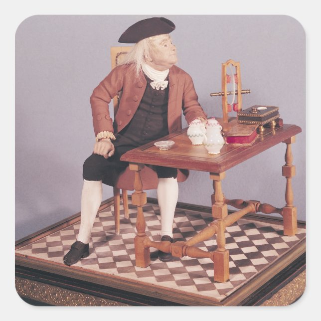 Model of Benjamin Franklin  at his table Square Sticker (Front)