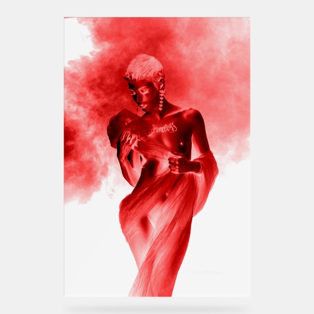 Model posing with red fabric and smoke in monochro acrylic sign (Front)