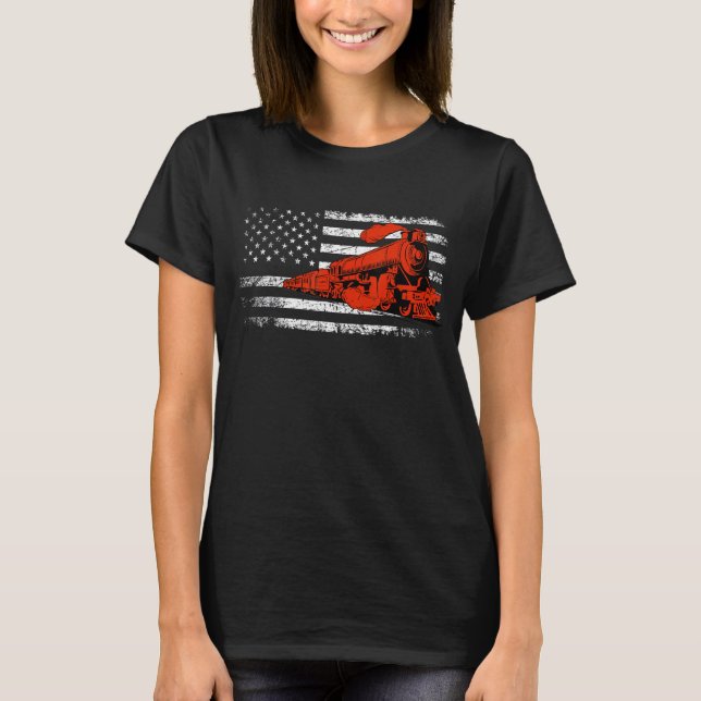 Model Railroad Railway Locomotive Train US Flag Ra T-Shirt (Front)